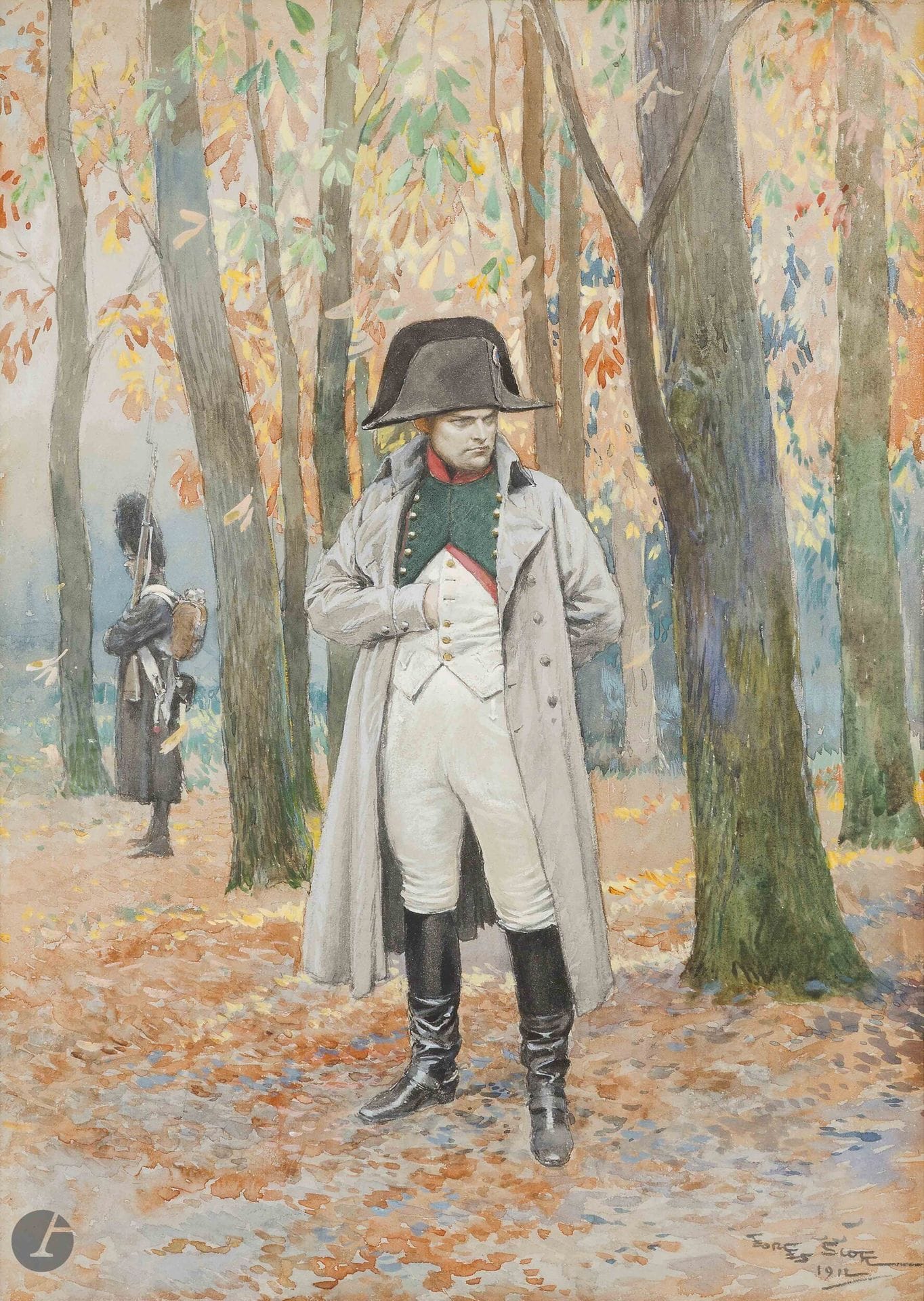 Georges SCOTT (1873-1943)
L’empereur Napoléon Ier dans un bois observant un champ de bataille
Aquarelle et rehauts de gouache, signée en bas à droite et datée 1912. 
41 x 28 cm
Sous verre, cadre doré à palmette.
B.E.