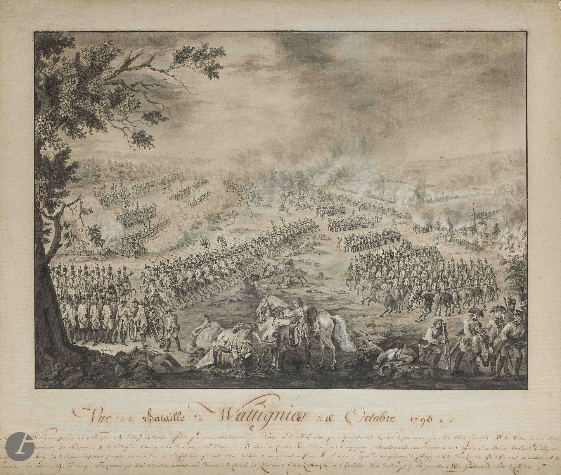 Paul Louis CYFFLE (1724-1806)
Vue de la Bataille de Wattignies le 16 octobre 1793
Vue du champ de bataille avec localisation des lieux et des différentes troupes. 
Grand dessin à la plume et rehauts de blanc, vu du coté autrichien, signé et daté 1794. 
Sous verre. 
Cadre doré à décor de frise de feuillage
Dimension du dessin avec légende: 57 x 68 cm

Historique: 
Très beau témoignage du célèbre sculpteur et céramiste, probablement d’après nature, installé à Belgique après avoir quitté la France. 

Biographie: 
Paul-Louis Cyfflé (1724-1806):
Après des études à l’académie de Bruges, il se rend à Paris en 1741 puis à la Cour ducale de Lunéville en 1746. Il entre comme élève et collaborateur de Barthélémy Guibal.
Le 7 janvier 1751, il épouse Catherine Marchal, fille d’un facteur d’orgues de la paroisse Saint Epvre de Nancy. En 1755, il entre en conflit avec Guibal qui décèdera en 1757, pour savoir qui était à l’origine de la statue de Louis XV qui devait se dresser sur la Place Stanislas de Nancy.
A la mort de Guibal, il devient sculpteur ordinaire du duc Stanislas. On lui doit les statues qui ornent la fontaine de la Place d’Alliance à Nancy, fontaine inspirée de la fontaine des Quatre Fleuves du Bernin sur la place Navone de Rome.
En 1768, il obtient de Louis XV le privilège d’ouvrir une faïencerie à Lunéville où il produira des figurines et autres statuettes très raffinées et d’excellente qualité. Devant faire face au déclin de ses affaires, il retourne à Bruxelles en 1777. Ses moules sont alors rachetés par la faïencerie de Niderviller.