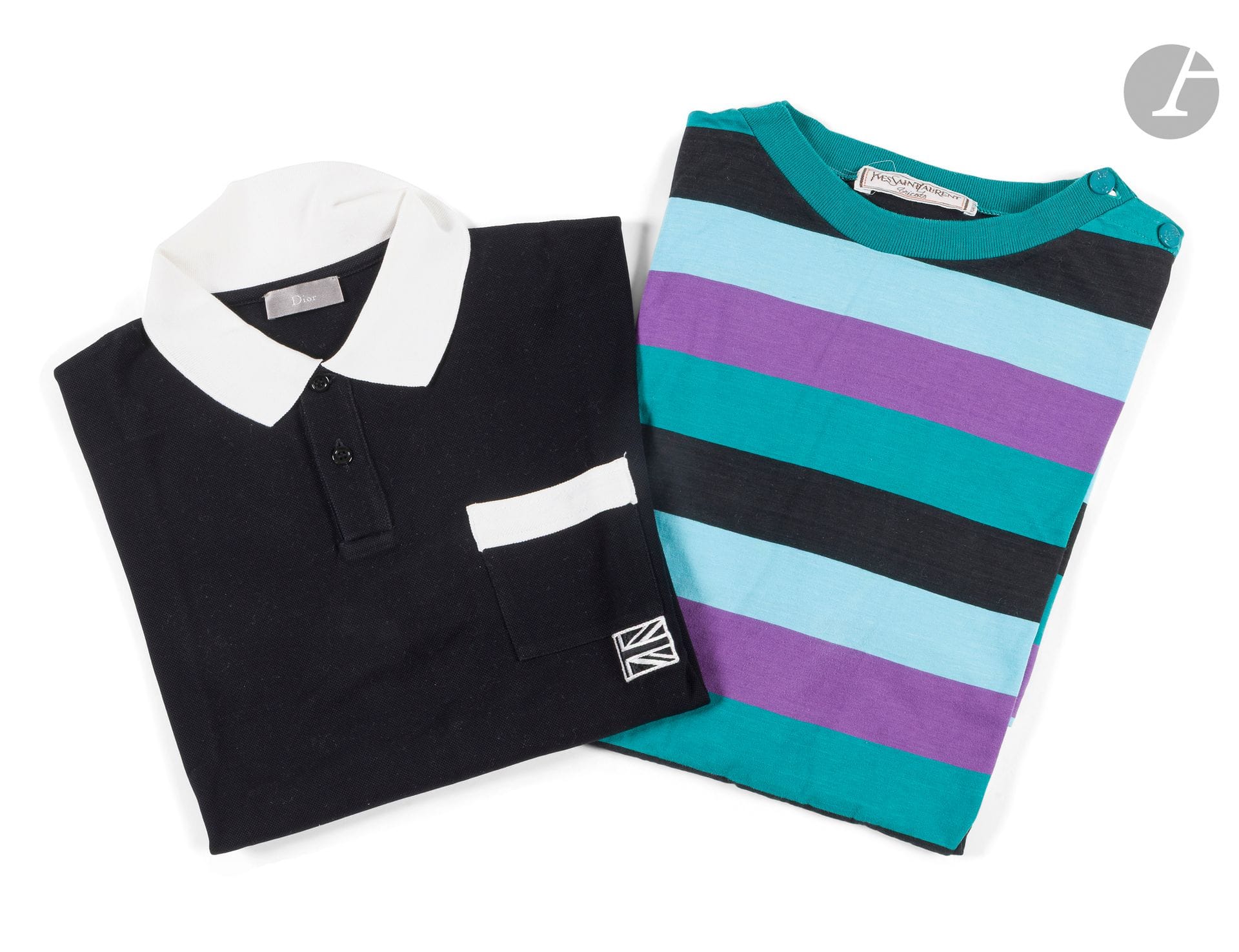 YVES SAINT LAURENT knitwear and DIOR
Men's two-piece: striped T-shirt and black and white polo shirt. S.M-L approx.