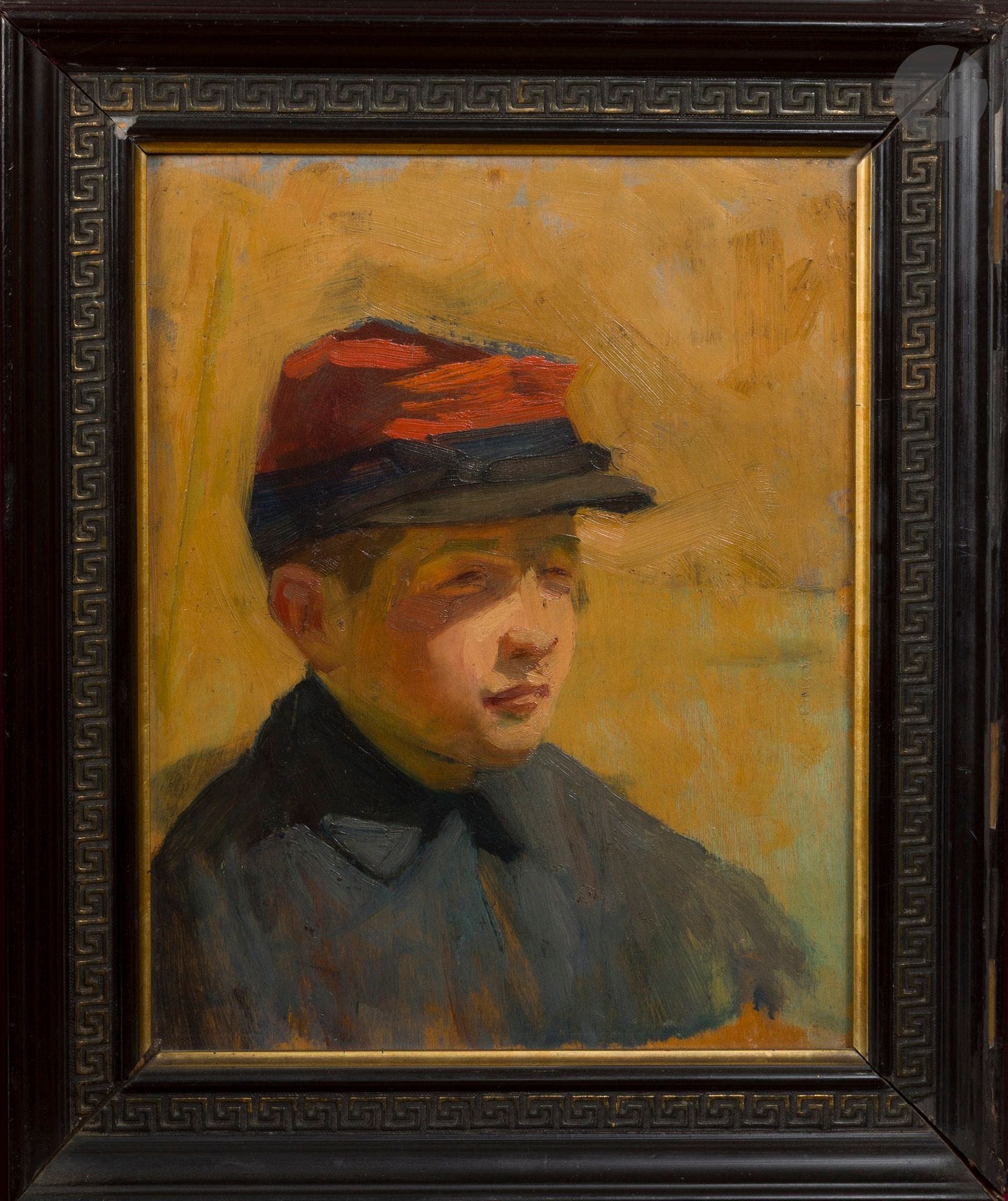 ECOLE FRANCAISE DU DEBUT DU XXe SIECLE
Jeune homme au képi rouge
Huile sur panneau.
Titrée au dos.
27 x 22 cm