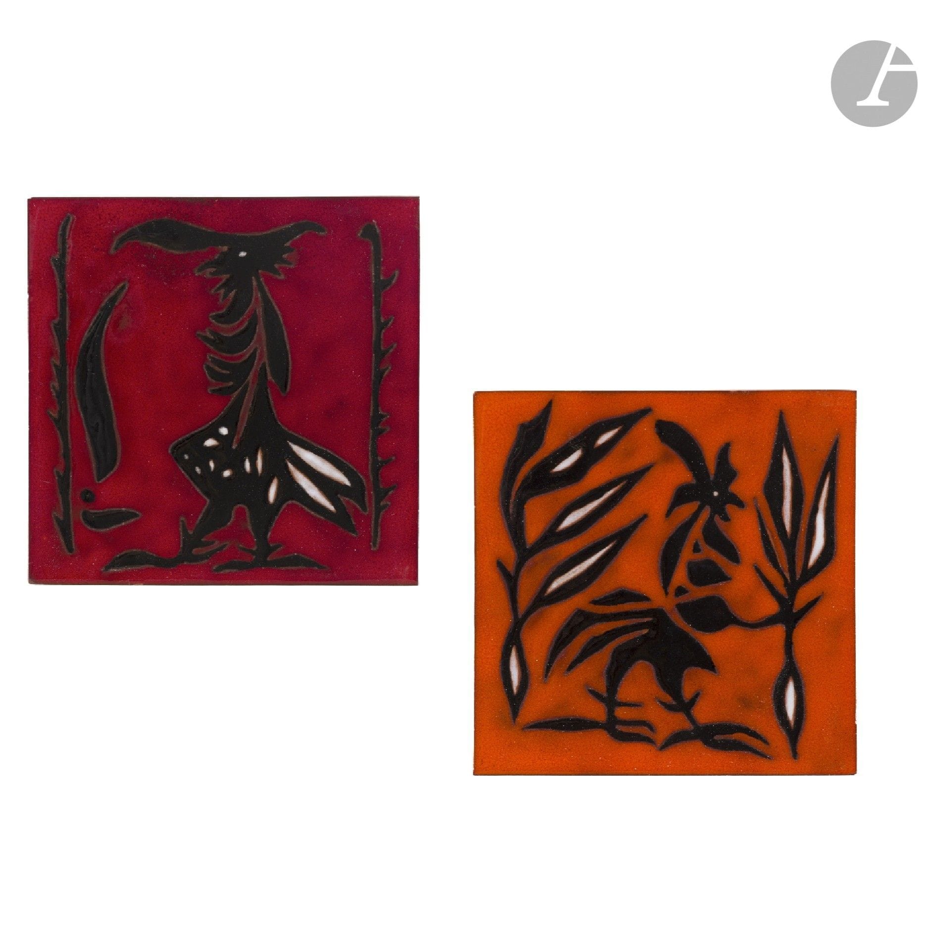 JEAN LURÇAT (1892-1966) PAINTER-CARTONNIER &amp; MANUFACTURE DE SANT-VICENS - 2 WORKS 
Rooster
Two tiles forming pendants. Polychrome glazed ceramic proofs; each tile with black and white title design - one on an orange background, the other on a red background. Small scattered chips. Each marked Dessin J. LURÇAT - Sant-Vicens on the reverse. 20 x 20 cm