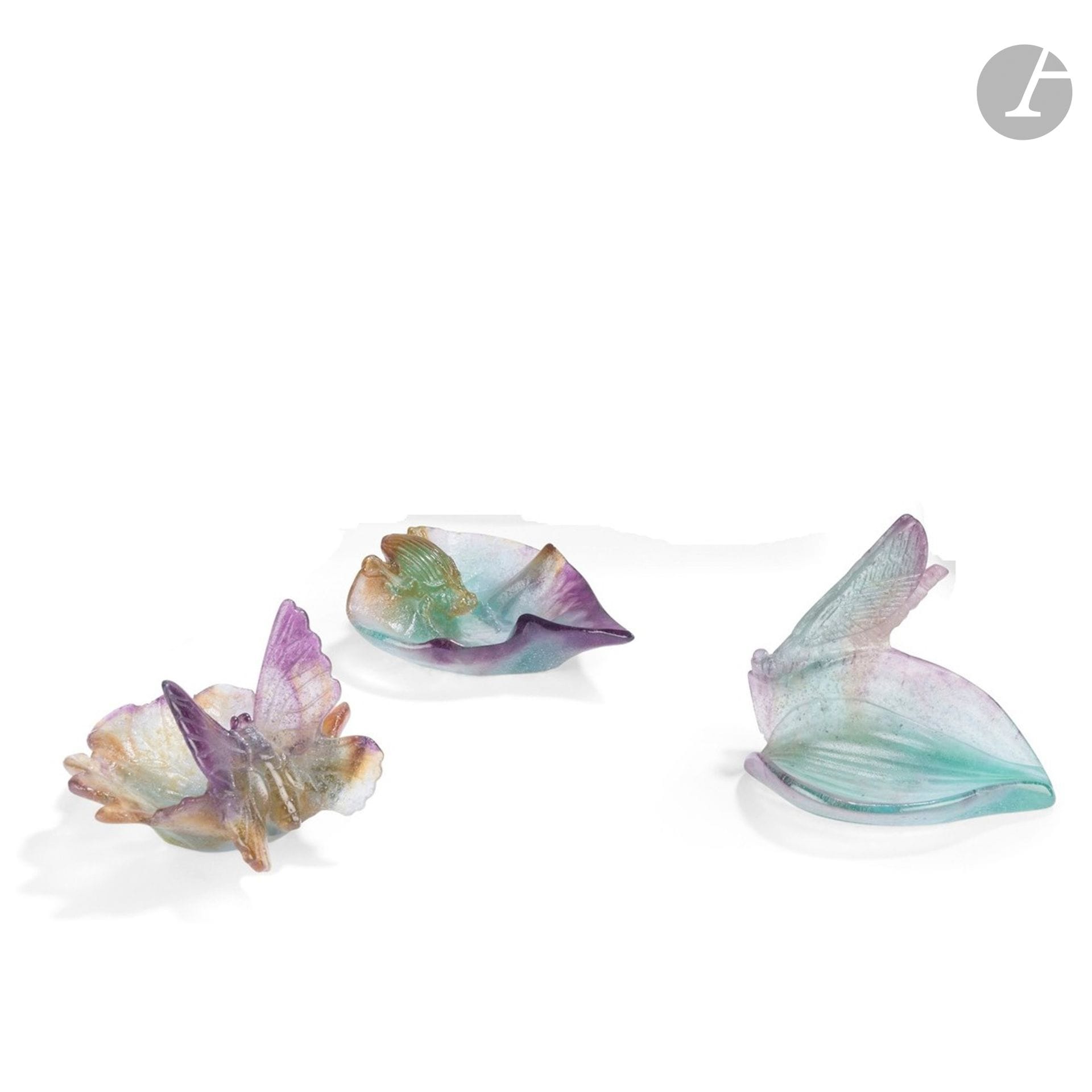 DAUM FRANCE - 3 WORKS 
Butterflies &amp; beetles 
Three pocket goblets. Polychrome pâte de cristal proofs. Each signed DAUM Nancy under the base. L. 9.5 cm &amp; 10.5 cm