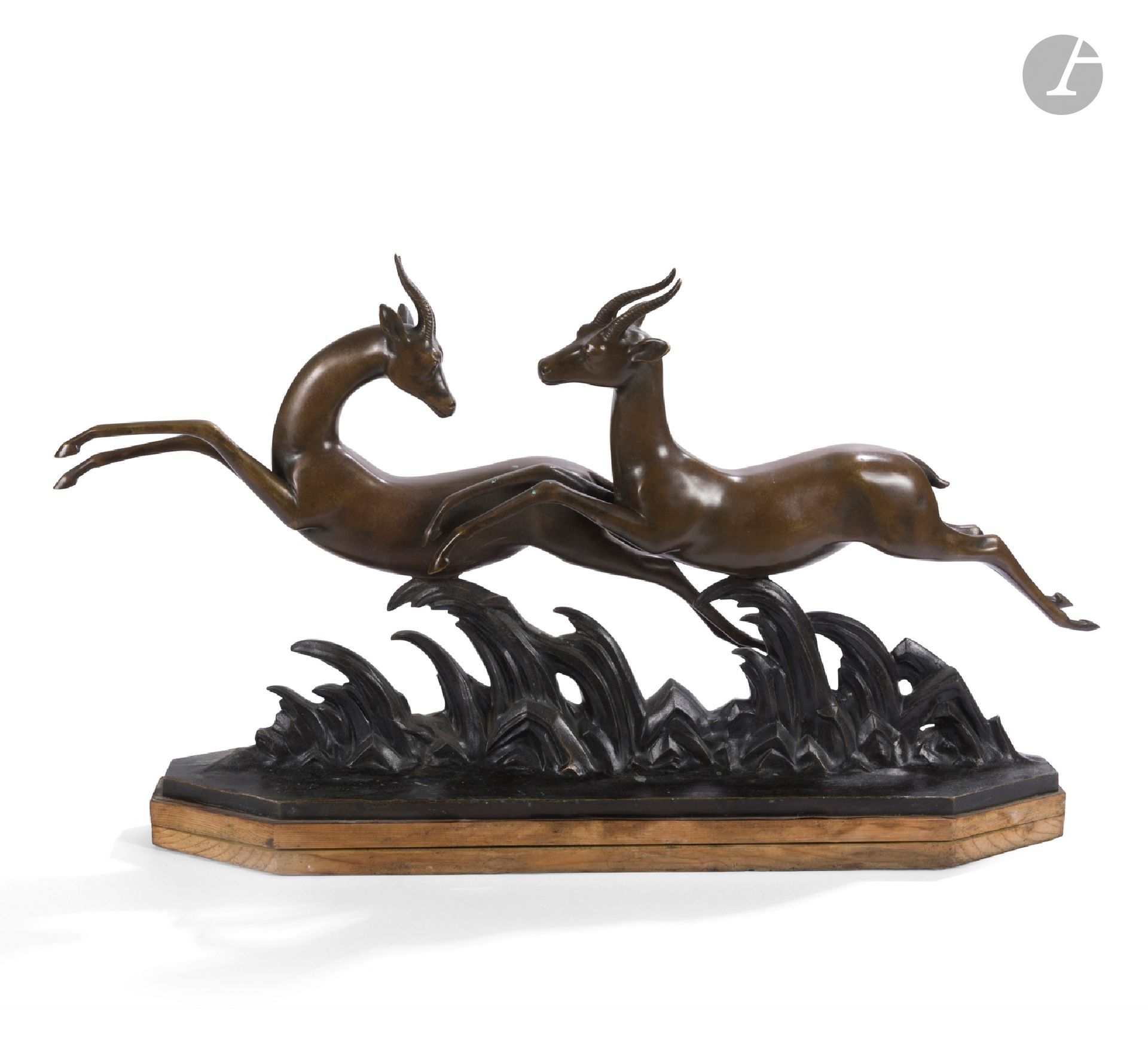 LUCIEN CHARLES ALLIOT (1877-1967) 
Leaping gazelles 
Sculpted group. Bronze proof with brown patina. Early edition cast. Signed L. ALLIOT and marked Bronze on the terrace. H. 36 cm - L. 74 cm - W. 12 cm