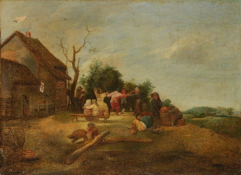 Ecole Flamande du XVIIIe siècle
Kermesse à l'extérieur d'une auberge Toile Accident 27 x 36 cm