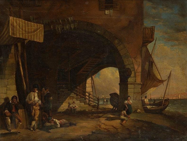 Eugénio BOSA (Venise 1807-1875)
Farniente sur le port Sur sa toile d'origine. 28,5 x 36,5 cm