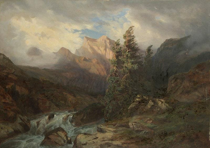 Leberecht LORTET (1826-1901)
Oberland Bernois, 1857 Huile sur toile Signée Lortet en bas à droite. Porte au dos l'inscription «Oberland Bernois» et «L. Lortet à la Société de l'Instruction mutuelle 1857». Petits accros à la toile en haut à droite 68 x 94,5 cm