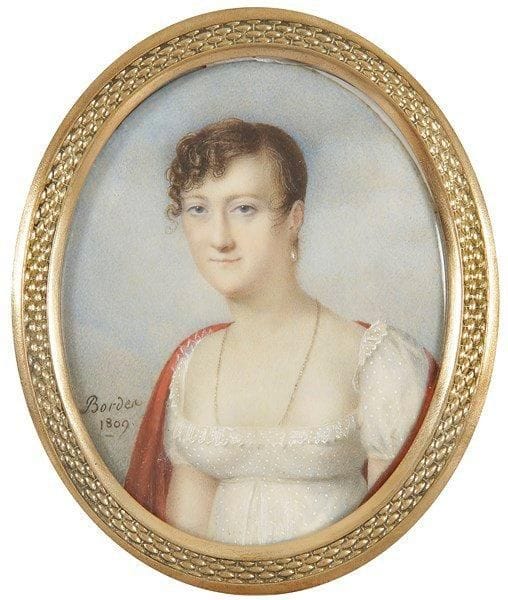 Charles Joseph BORDES (Toulouse, 1779 -après 1845?)
Femme en robe blanche à pois, décolletée, à taille haute et châle rouge sur l'épaule Miniature ovale sur ivoire, époque Empire Signée et datée à gauche Bordes / 1809. 8,2 x 6,8 cm Cadre ovale en laiton doré Bordes installé à Paris, fut aussi actif à Bordeaux et à Rouen où il est signalé en 1809, l'année de ce portrait. Élève d'Isabey, il exposa au Salon en 1808 et fut médaillé à Douai et à Lille en 1819 et 1822.