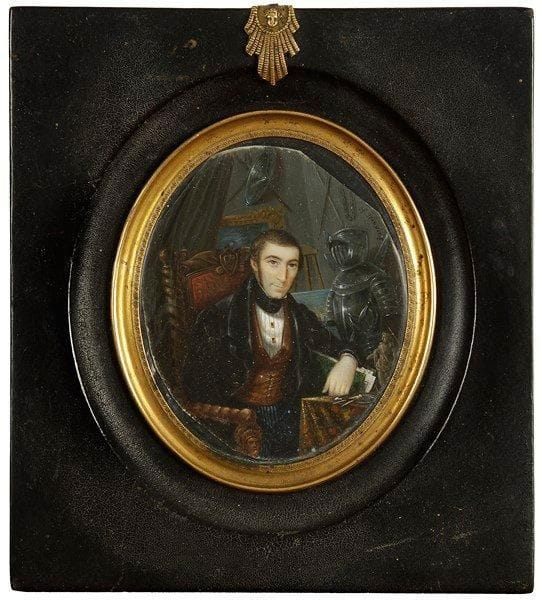 Monsieur BERNARDI (actif à Rouen en 1837- 1842)
Peintre formé à Venise, restaurateur et marchand de tableaux. Il exposa au musée de Rouen, notamment une grande miniature en 1838. Un amateur d'art à son bureau, entouré de sa collection (armures, chevalet, tableau, carton à dessins...) Miniature sur ivoire. Signée en haut à droite Bernardi, vers 1840. Ovale, H.: 8.5 cm - L.: 7 cm (manquent en haut les joints formant l'ovale).