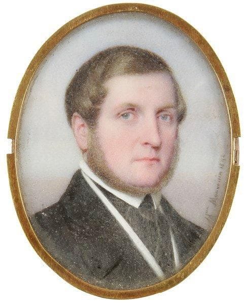 Mme Domenica MONVOISIN (Rome, 1805 - Paris, 1881)
Peintre en miniature et sur porcelaine, qui exposa au Salon de Paris de 1831 à 1881 et fut quatre fois médaillée pour son dessin impeccable et le rendu des détails. Homme à collier de barbe, en buste de trois quarts à droite. Miniature sur ivoire signée et datée à droite Mme Monvoisin, 1842. H.: 4,8 cm - L.: 3,7 cm Sur un ancien fermoir de bracelet.