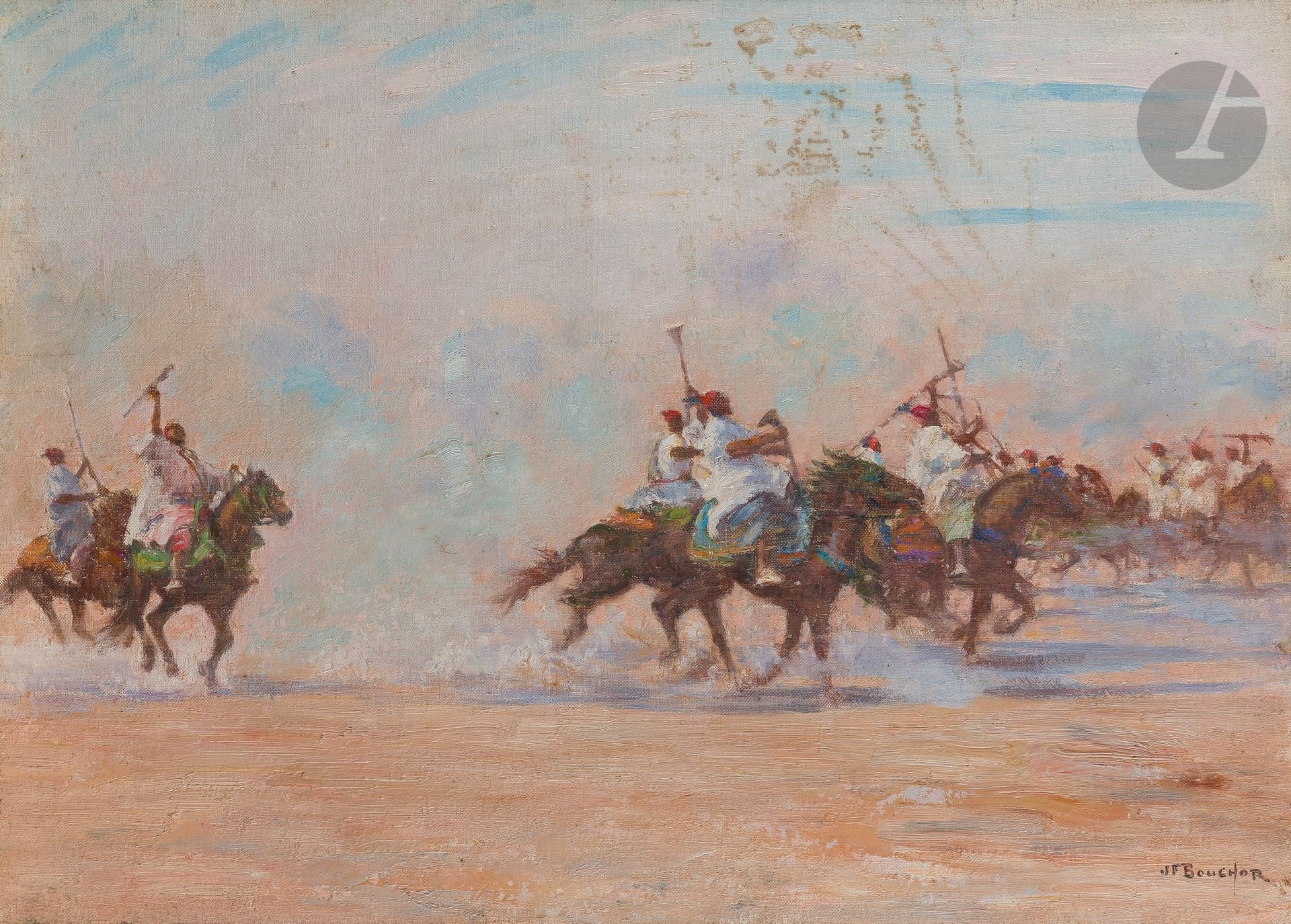 Joseph-Félix BOUCHOR (1853-1937)
Fantasia
Huile sur toile.
Signée en bas à droite.
(Salissures).
33,5 x 46 cm