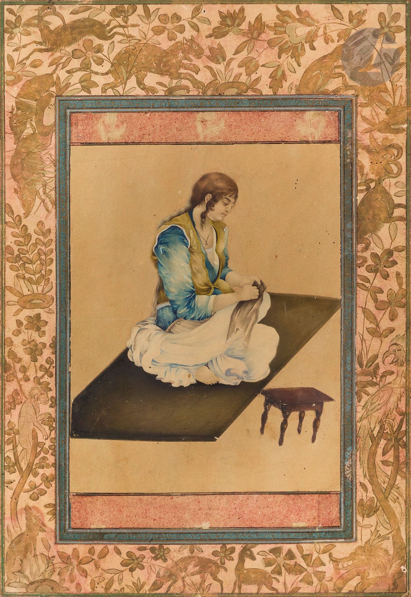 Femme à l’ouvrage et vendeur ambulant, Iran qâjâr, fin XIXe - début XXe siècle
Gouache et aquarelle sur papier représentant pour la première une femme à l’ouvrage assise sur une natte, une petite table placée devant elle. Montée en page d’album avec des bordures polychromes et une marge enluminée d’un décor animalier, et encadrée. La seconde représentant un vendeur ambulant tenant un manteau dans une main, des étoffes posées sur son épaule opposée. Figure légendée et signée Ta’eb à l’encre noire. Collée sur carton.
Dim. totales : 28 x 19 et 17 x 11 cm
Petites taches, quelques accidents sur la première, taches, mouillures et angles rognés sur la seconde.