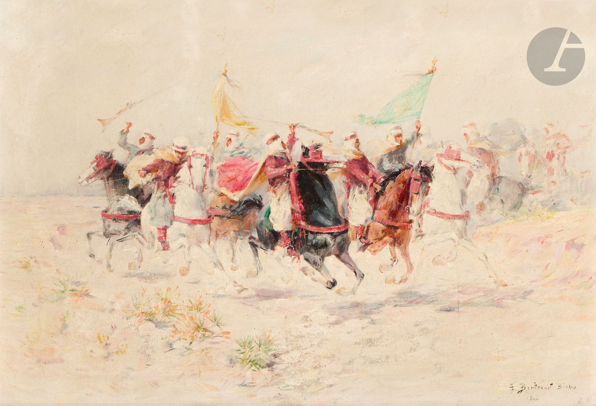 Eugène BERTRAND (1858-1934)
Fantasia, 1896
Oil on canvas.
Signed, dated and located Biskra lower right.
38 x 55 cm