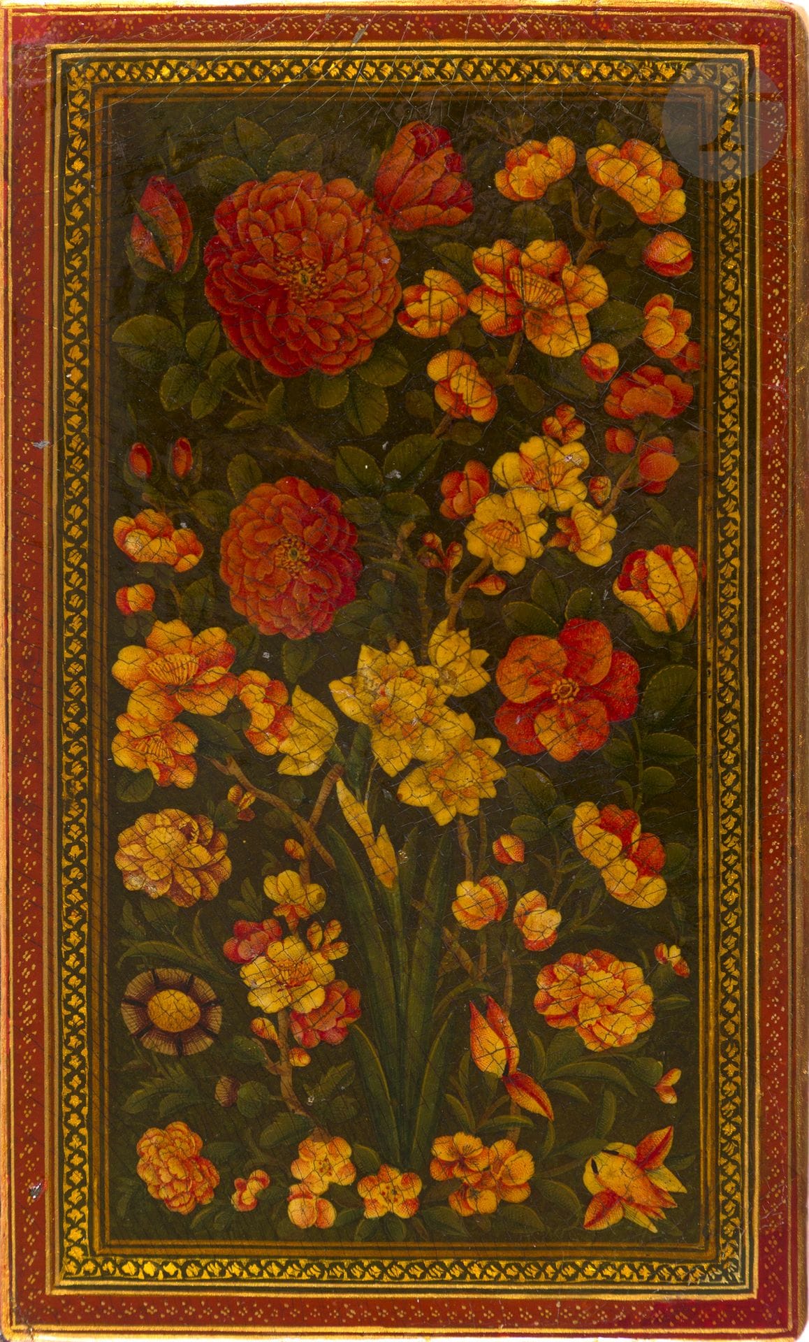 Mohammad Bâqer Majlesî (d. 1698), Zad al Ma'ad, Iran qâjâr, signed Abo'l Qasem and dated 1831
Manuscript on paper with 19 lines of text per page in Persian nasta'liq in black ink in reserves on a gold background, some terms in red ink. The manuscript is introduced by a double frontispiece richly illuminated in gold and polychrome: on the right-hand page, the text is preceded by a sarlow decorated with lambrequins trimmed with florets, surrounded by small floral cartouches and surmounting a large cartouche with a gold background stamped with an illegible seal, both pages girdled by a margin with hatayi floral decoration. Traces of owner stamps on the spine of the frontispiece. At the end of the book, a double page with margins illuminated with gold floral decoration, including a few lines mentioning the author's writing of the work in Isfahan in the month of Ramadan 1107 H / 1695, followed by a colophon giving the name of the copyist Abo'l Qasem and the date 1247 H /1831. Bound in papier-mâché with painted and lacquered decoration of a floral composition of roses and eglantines on a black background on the boards and red on the back covers.
19.5 x 12.5 cm
Restorations, some stains and wetness, small folds and tears, some folios glued together, ink stains on the edge, binding restored, spine redone.

The Zâd al-Ma'âd is a classic prayer book that refers to specific actions and prayers for each month of the year. It was originally written in 1695, as the last lines of this manuscript recall.