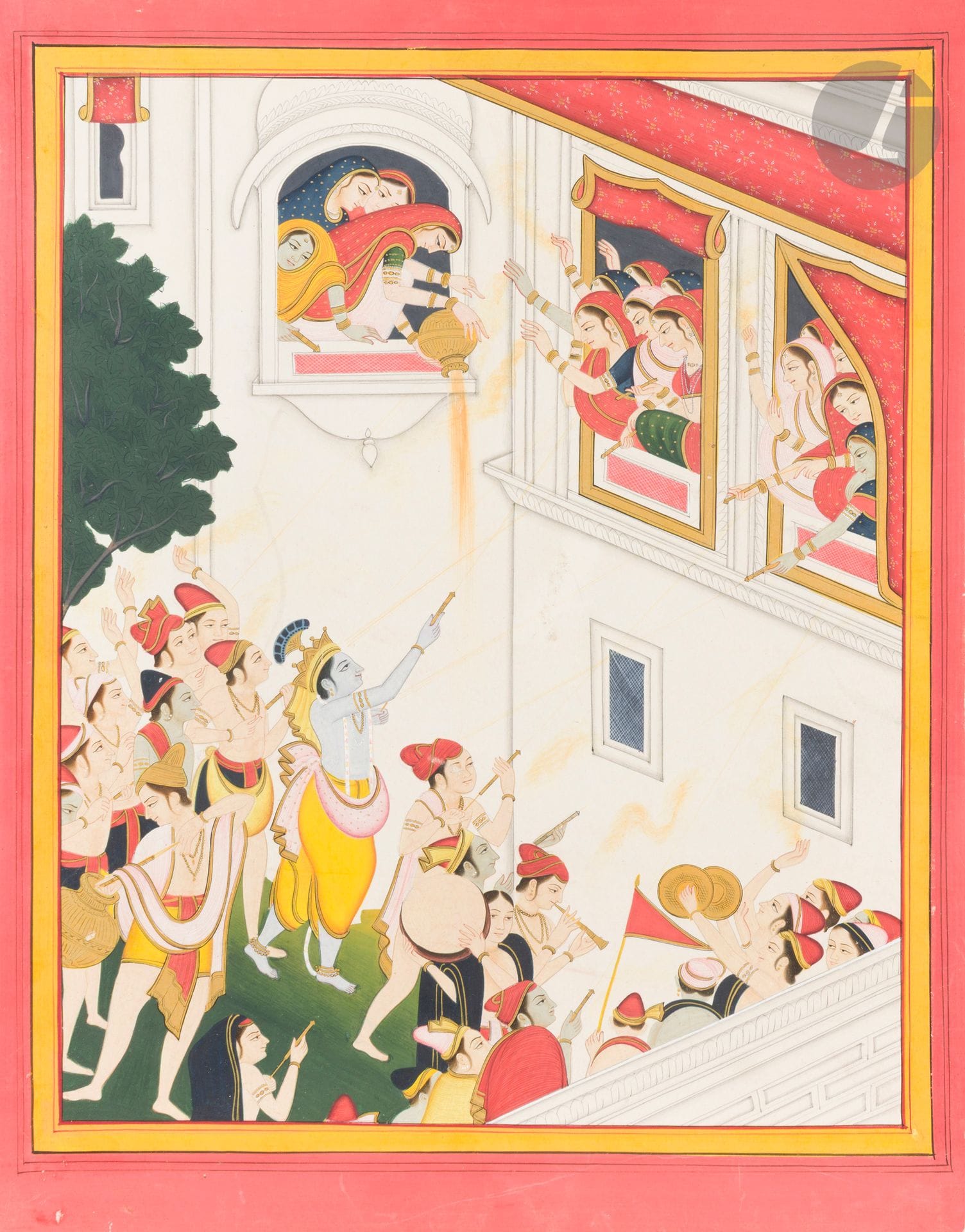 La fête de Diwali, Inde du Nord, style Pahari, début XXe siècle
Gouache et or sur papier cartonné représentant Krishna et ses acolytes attaquant avec des pompes de peinture un palais densément peuplé de femmes ripostant aux fenêtres. Scène ceinturée d’une bordure jaune et d’une marge rouge. Au dos, tampon « The Curious House (Regd), UDAIPUR .7. (Rajasthan) ».
Dim. peinture : 25 x 20 cm ; dim. totales : 30 x 23,3 cm
Infimes taches et sauts de polychromie.
