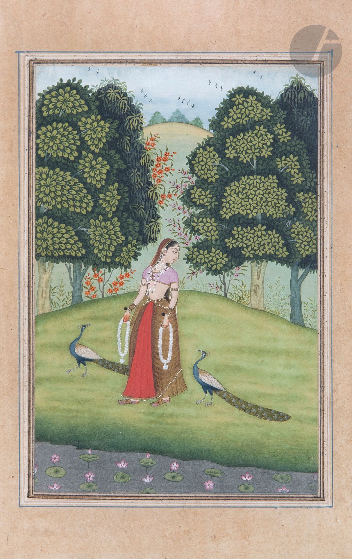 Kakhuba Ragini, woman with two peacocks, North India, Rajasthan, probably Bikaner, late 17th century
Gouache, gold and silver on paper depicting a woman in a wooded landscape with a bird-filled sky, a standing woman holding garlands of flowers in her hands and framed by two peacocks, a water feature lined with water lilies in the foreground. Mounted as an album page on ecru paper. Inscribed in Persian and Devanagari in black ink on the back. Framed.
Painting size: 15.1 x 10 cm; page size: 27 x 18.3 cm
Minimal stains, slight folds and stains in margin, partly sunned.

Provenance: 
Sotheby's sale, London, December 9, 1970, lot no. 13.

A note on the back of the frame attributes this work to the painter Nasiruddin, son of Nur Muhammad, who was active from 1679 to 1700.