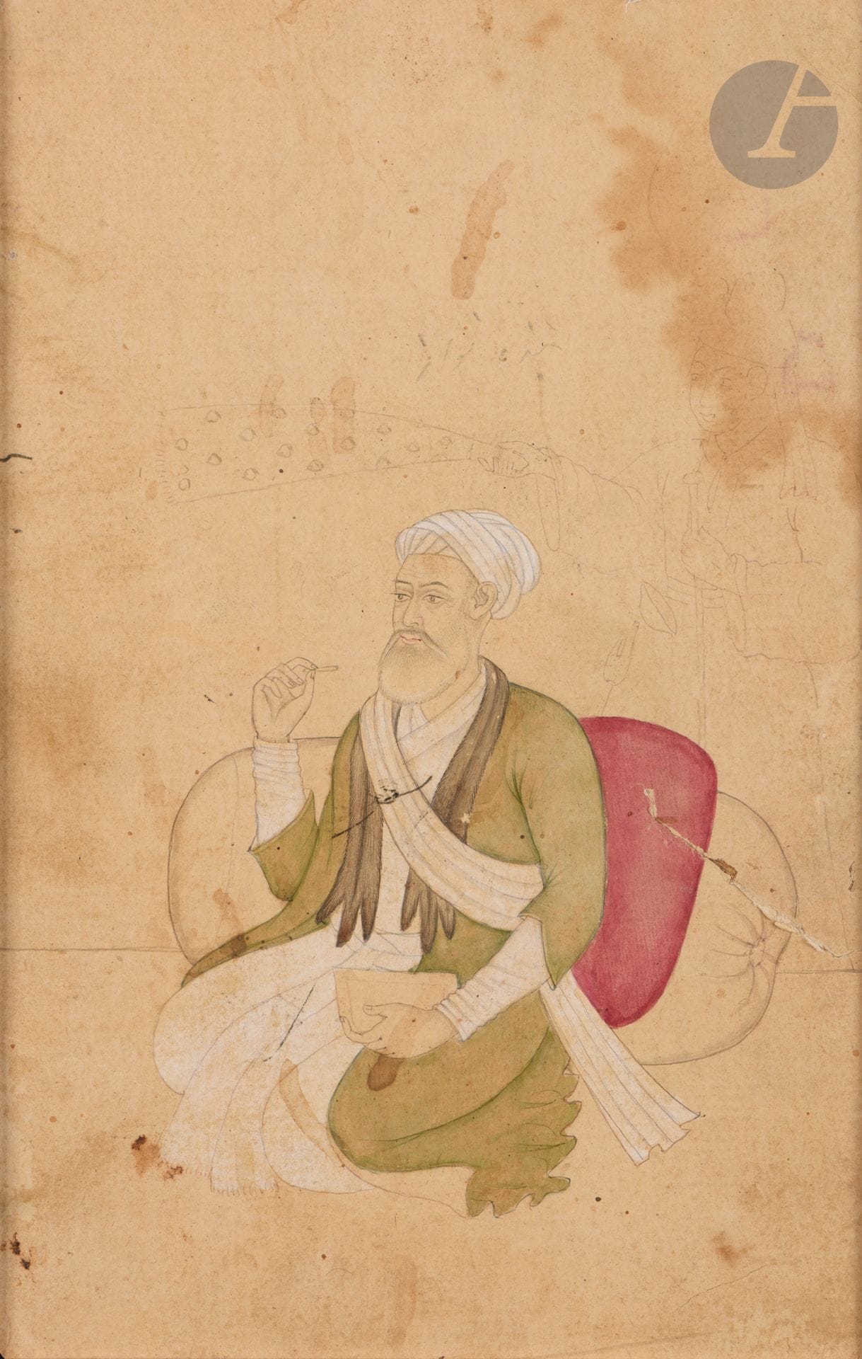 Deux portraits d’hommes agenouillés, Inde du Nord, Haut Pendjab, XIXe siècle
Dessins inachevés au crayon et à l’encre rehaussés de gouache sur papier, représentant chacun un homme agenouillé. Le premier, d’un certain âge, est enturbanné et vêtu d’un jama blanc couvert d’un manteau vert à fourrure, une longue écharpe blanche nouée en travers de son buste. Il est adossé à des coussins, tient un livre dans sa main gauche et porte une bidi à sa bouche. En arrière-plan, esquisse d’un serviteur l’éventant de son chasse-mouche morshal. Le second est enturbanné et vêtu d’un jama blanc retenu par une ceinture rose dans laquelle est glissé un khanjar. 
21,7 x 13,4 et 20,2 x 13,7 cm
Quelques taches, déchirure, pliure, mouillure sur le second.