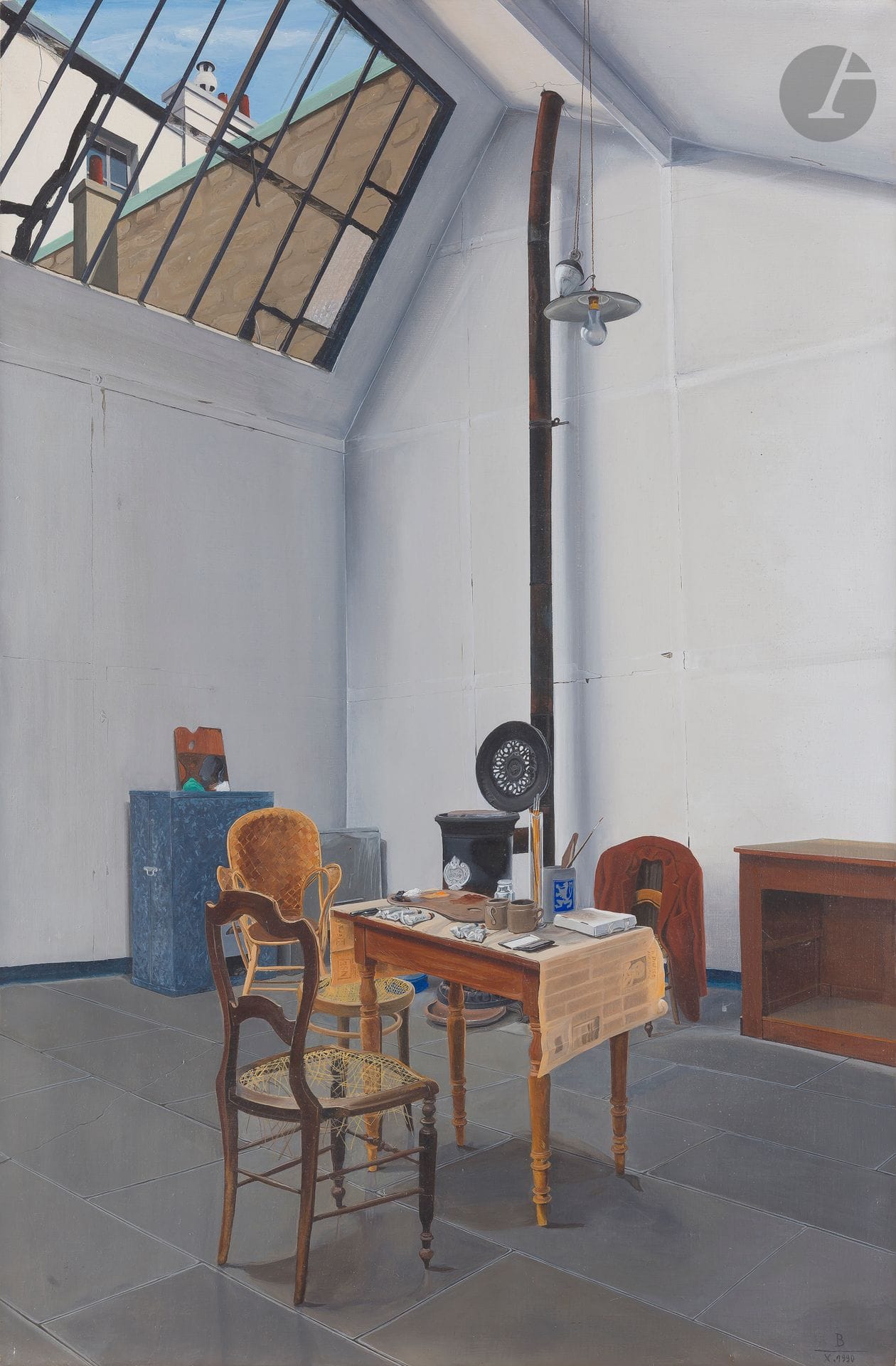 Jean-Pierre BURGART (b. 1933)
In the studio, 1990
Oil on canvas.
Monogrammed and dated lower right.
Monogrammed, dated and dedicated on the back.
92 x 60 cm