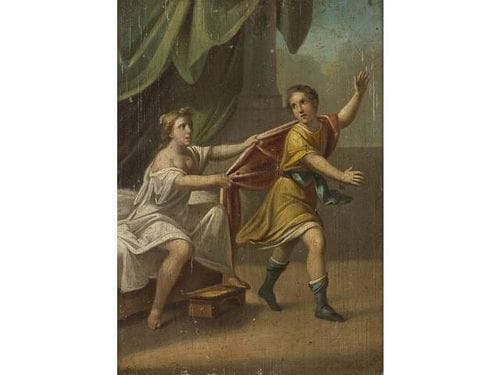Deux huiles sur panneau, Joseph et la femme de Putiphar et Suzanne et les vieillards. Fin XVIIIe. (Accidents). 25.5 x 18.8 cm chaque.