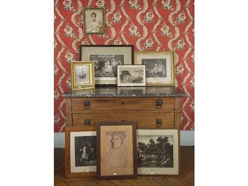 Un lot de huit gravures et reproductions anciennes dont le Roi de Rome d'après Goubaud, Repas de famille d'après Jordens, Portrait d'Antoine Saladin de Crans, Le Petit peintre d'après Jacquand, Les énervés de Jumièges d'après Evarist Luminais, etc. (Piqûres et accidents).