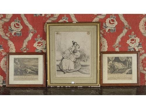 Trois gravures anciennes dont Femme et enfant d'après Deveria et deux Arguments. (Piqûres et accidents).