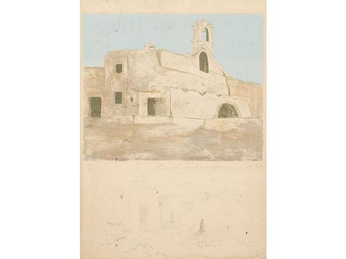 R. Fonta. Iglezia San Lorenzo, Ibiza. Lithographie et mine de plomb. Signée en bas à droite, datée 63. 72 x 52 cm.