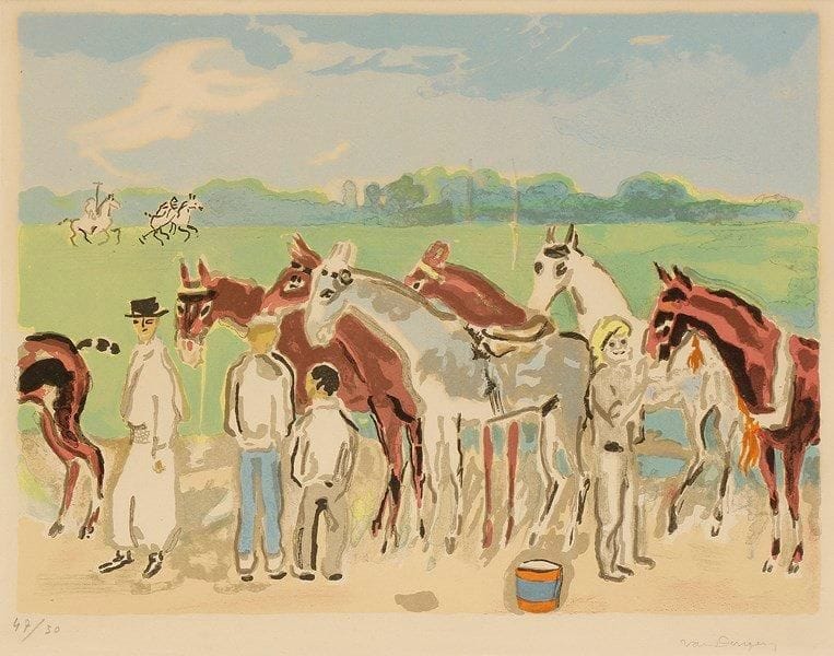 Kees VAN DONGEN (1877-1968)
Polo, ou Deauville, soins donnés aux chevaux de course, 1957. Lithographie. Signée et numérotée sur 50. (Légère oxydation). Cadre. H:36.30 x L: 26.50 cm