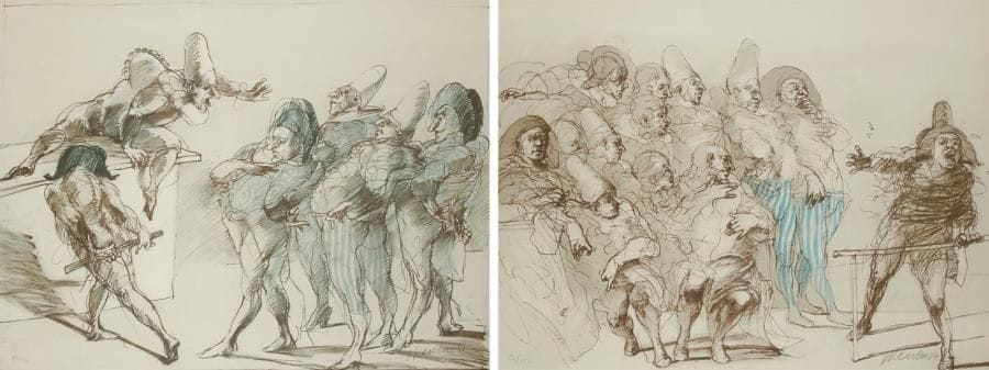 Claude WEISBUCH (Né en 1927)
Scène de théâtre italien. Deux Lithographies en couleur. Signées et numérotées sur 250. 56 x 73 cm chaque. H:56 x L: 73 cm