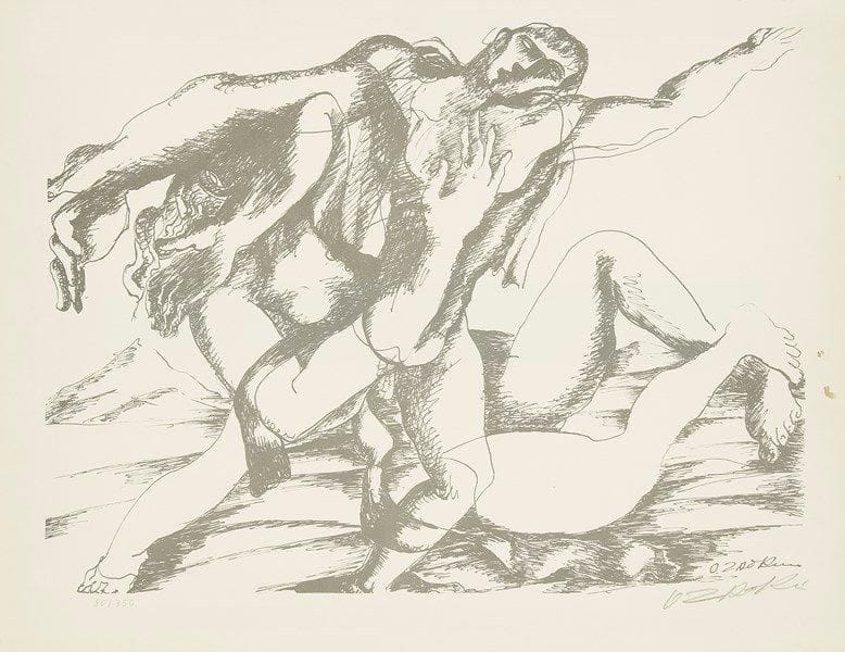 Ossip ZADKINE (1890-1967)
Scène mythologique. Lithographie. Signée et numérotée sur 350. (Petites taches). H:53 x L: 69 cm