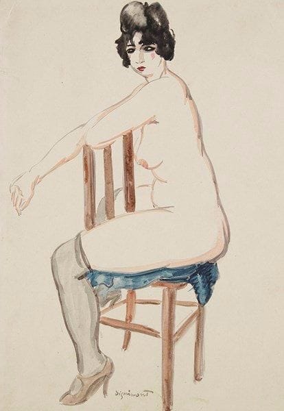 André DIGNIMONT (1891-1965)
Femme à la chaise. Aquarelle. Signée en bas au milieu. 41 x 29 cm