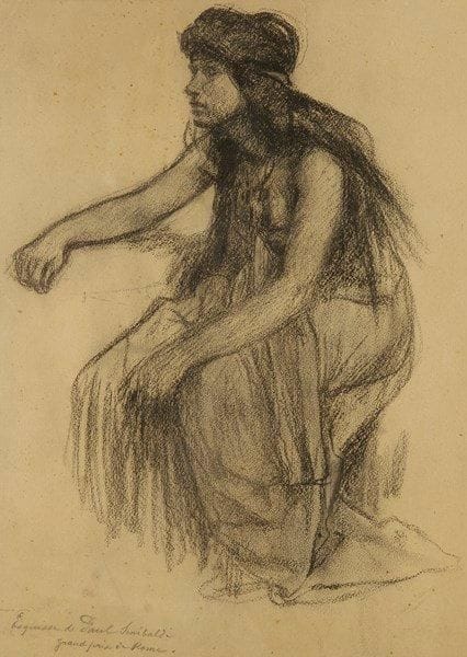 Ecole Moderne
Femme assise. Pierre noire. Porte une signature P. Sinibaldi en bas à gauche. (Petites tâches). H:37 x L: 27 cm
