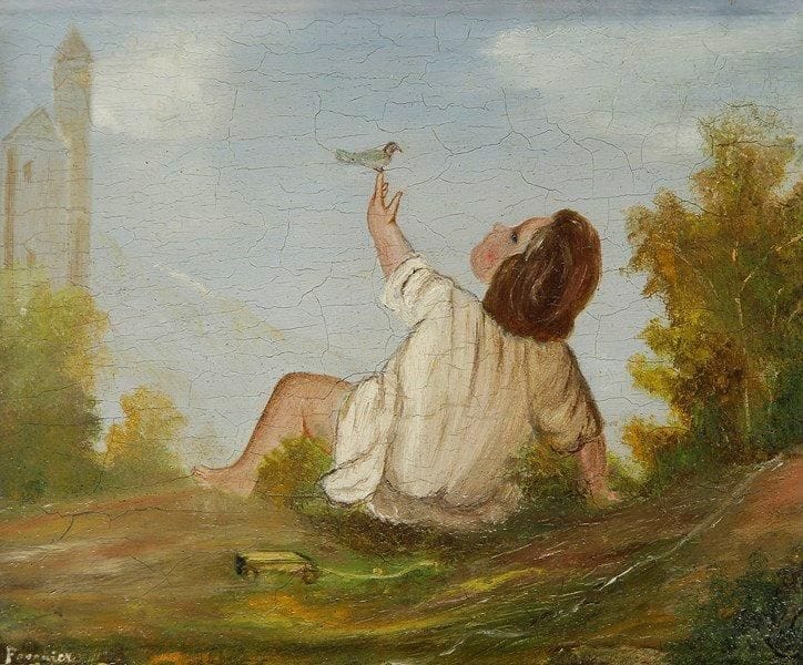 FOURNIER
Enfant à l'oiseau. Huile sur panneau. Signée en bas à gauche. H:13 x L: 15 cm