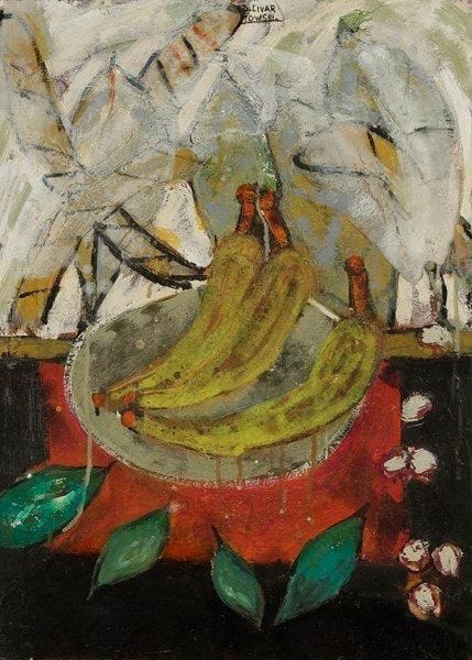 Daniel LIVARTOWSKI (né en 1944)
Trois bananes. Huile sur bois. Signée en haut au milieu. H: 55 x L: 39 cm
