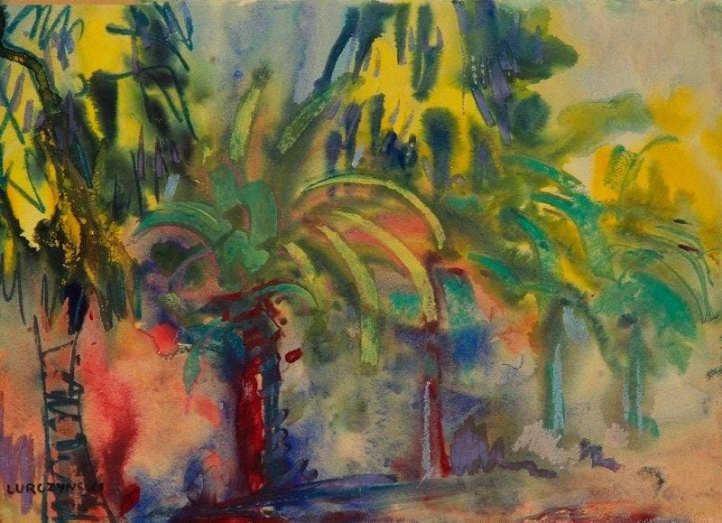 Mieczyslaw LURCZYNSKY (1907-1992)
Palmeraie. Gouache et pastel. Signée en bas à gauche. 26,5 x 36 cm