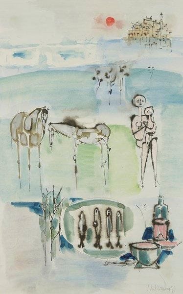 Michel-Jean ROUSSEAU
Le Rêve, 1956. Encre et aquarelle. Signée et datée en bas à droite. H: 41,50 x L: 26 cm