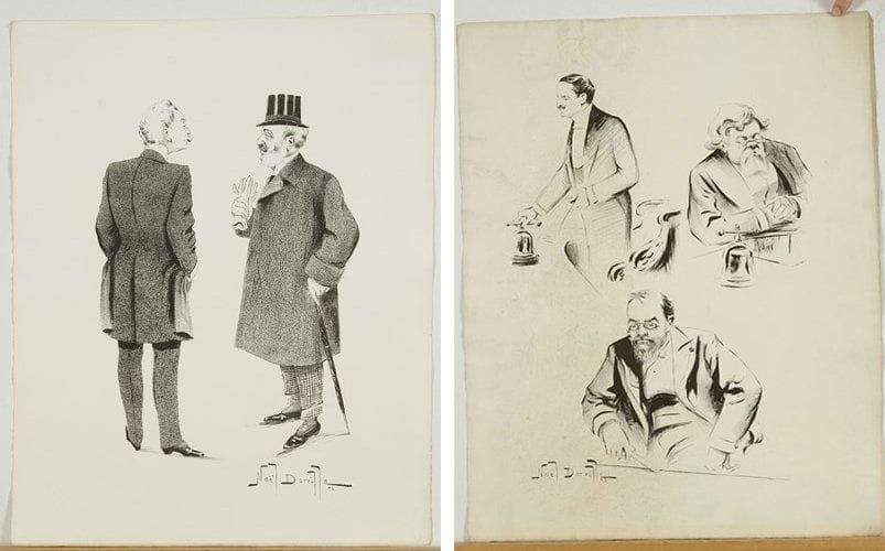 Noël DORVILLE (1874-1938)
Le Monde politique (portraits-charges de Waldeck-Rousseau, Deschanel, Combes, Jaurès, etc.). Lithographie. Imp. lithographique J. Thuil. 1902-1903. Réunion de 5 fascicules de 10 planches avec leurs index. Cartonnage imprimé de l'édition. (Très défraîchi). H:58 x L: 46 cm