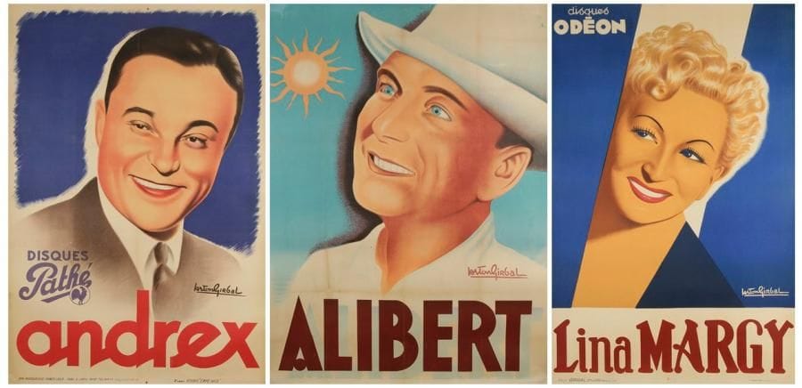 Alibert - Andrex - Lina Margy 3 affiches par Gaston Girbal (1888 - vers 1978). Entoilées. B.E. (Plis et petites déchirures). Environ 118 x 80 cm (2) et 158 x 115 cm
