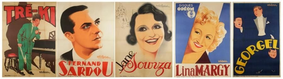 Fernand Sardou - Tré-Ki - Jane Sourza - Lina Margy - Georgel 5 affiches par Gaston Girbal (1888 - vers 1978). Entoilées. B.E. (Traces de plis (3), petites manques et taches). Environ 158 x 116 cm chaque