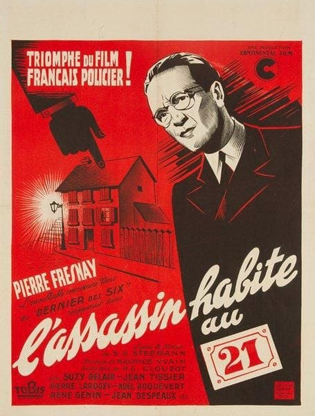 L'Assassin habite au 21. Pierre Fresnay dans un film de H.G. Clouzot. Affiche. 1942. Entoilée. B.E. (Traces de plis). 78 x 59 cm