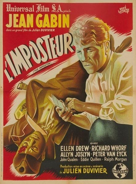 L'imposteur. Jean Gabin dans un film de Julien Duvivier. Affiche par René Lefebvre (1914 - 1975). 1946. Entoilée. B.E. (Traces de plis). 80 x 60 cm