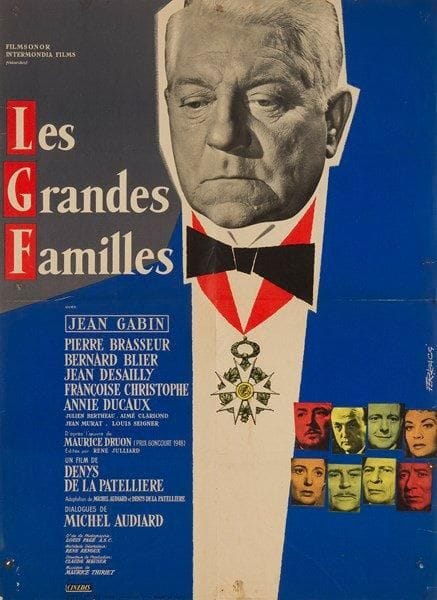 Les Grandes Familles. Jean Gabin, Pierre Brasseur et Bernard Blier dans un film de Denys de la Patellière. Affiche par René Ferracci (1927-1982). 1958. Non entoilée. B.E. (Plis et petits trous). 79 x 58 cm