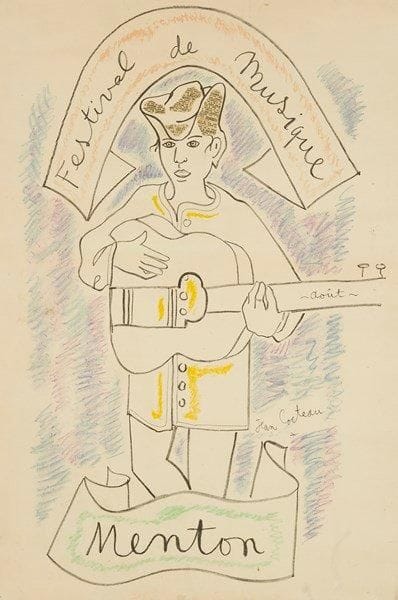 Festival de musique - Menton. Affiche par Jean Cocteau (1889 - 1963). Entoilée. B.E. (Traces de plis). 63,5 x 42 cm