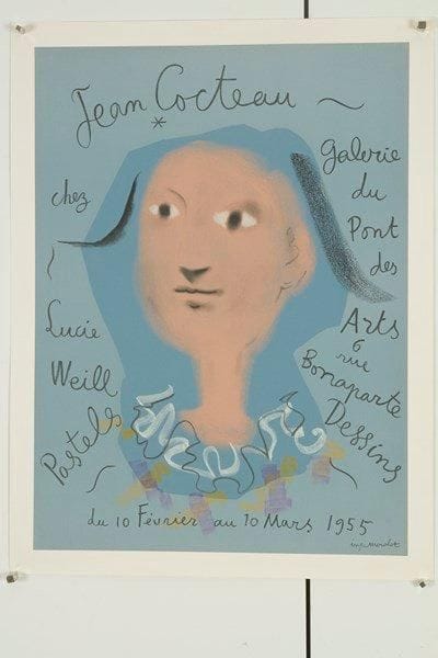 Jean Cocteau chez Lucie Weill - Galerie du Pont des Arts - 6 rue Bonaparte - Pastels - Dessins - du 10 février au 10 mars 1955. Affiche par Jean Cocteau (1889 - 1963). Entoilée. B.E. 59 x 40,5 cm