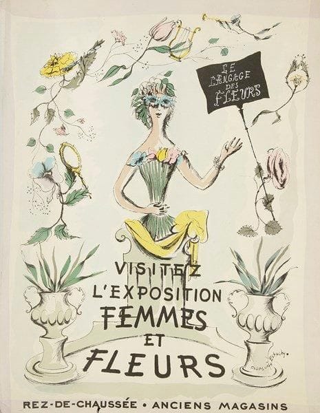 Françoise ESTACHY (XXe siècle). Visitez l'exposition femmes et fleurs. Affiche. Signée en bas à droite. B.E. (Petites déchirures). 52 x 40 cm
