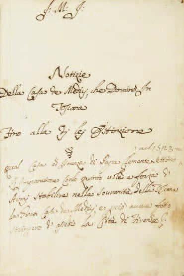 [MANUSCRIT]. Notizie Della casa de Medicj, che Domino In Toscana. [Pise, 1758]. - Manuscrit in-4, 289 pp. Vélin blanc, filet doré en encadrement sur les plats, dos lisse orné (reliure du XIXe siècle). Important manuscrit italien composé, d'après l'indication donnée au dos, à Pise en 1758, contenant une notice historique de tous les principaux membres de la maison Médicis, souverains de Toscane, depuis Cosme (1389- 1464) jusqu'à Jean Gaston (1671-1737), dernier représentant des grands-ducs de Toscane de cette prestigieuse maison. Le manuscrit semble être inédit et son auteur n'est mentionné que par les initiales J.M.J. portées en haut du titre. Il fut écrit de la même main tout du long et ne possède que de très rares ratures. Il est complété de 5 brochures italiennes imprimées du XVIIIe siècle: - Relazione dell' ultima malattia Morte, e Sepoltura dell' altezza reale del serenissimo Gio. Gastone I granduca di Toscana. Florence, 1737. - In-4, 12 pp. - Relazione dell' ultima malatia, morte, e sepoltura Dell' Altezza Reale della Serenissima eletrice Palatina, figlia del serenissimo Cosima terzo gran-duca di Toscana. Di gloriosa mamoria, &c. Seguita il di 18 Febbraro 1743. Lucca: Domenico Ciuffetti, Filippo Maria Benedini, 1743. - In-4, (2 ff.). - Relazione giornaliera De' Terremoti seguiti in questa Città di Livorno nel Mese di Gennajo 2. Cavata dalle memorie di Casa Boccacci di Livorno. Martedi 16 Gennaro 1742 a Nativitate. Pise, 1742. - I n-4, 20 pp. - Relazione della solenne coronazione di sua maesta' cesarea Francesco I duca di Lorena, e di Bar, granduca di Toscana, ec. in re de' Romani, ed imperadore Seguita nella Città di Francfort il di 4 Ottobre 1745. Con tutte le Funzioni, e Feste fatte intale occasione. Florence: Bernardo Paperini, 1745. - I n-4, 8 pp. - Relazione dell' ingresso fatto in Firenze Dalle Altezze Reali del Serenissimo Francesco III duca di Lorena, e di Bar, ec. ec. Granduca di Toscana, E della Serenissima Maria Teresa arciduchessa d'Austria, grandu