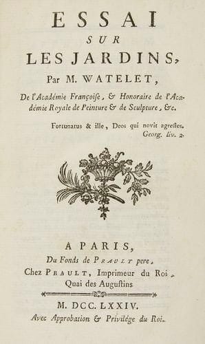 WATELET (Claude-Henri)
Essai sur les jardins. Paris: Prault, 1774. [Suivi de]: GirarDiN (rené Louis de). De la composition des paysages, ou Des moyens d'embellir la Nature autour des habitations, en joignant l'agréable à l'utile. Genève, Paris: P. M. Delaguette, 1777. - 2 ouvrages en un volume in-8, (4 ff.), 160 pp.; xiv pp., (1 f.), 160 pp. Veau fauve, triple filet doré en encadrement sur les plats, dos à nerfs orné, tranches rouges (reliure de l'époque). réunion de deux des textes majeurs marquant la naissance du jardin "pittoresque" ou "romantique". - éDiTiON OriGiNaLE, premier tirage, de l'Essai sur les jardins, ouvrage fondamental de Claude-Henri Watelet (1718-1786). "L'Essai sur les jardins de Watelet, publié en 1774, est l'un des premiers textes témoignant de l'évolution, en France, du goût en matière de jardins. Les parcs à la Le Nôtre "ennuient" désormais, ils apparaissent "monotones" et dépourvus d'intérêt. L'auteur célèbre une nouvelle alliance de la Nature et de l'art, donnant le pas à la première, mais reconnaissant au second un droit d'intervention mesurée. Son idéal est un domaine de proportions moyennes, tout à la fois d'agrément et de rapport, où la demeure de plaisance voisine avec les étables et la laiterie, les ruches et le jardin médicinal; car à l'exemple d'Horace, Watelet estime que l'utile doit se joindre à l'agréable. Le dessin du parc lui semble réclamer l'oeil d'un peintre plus que celui d'un architecte, et l'effet des tableaux naturels, des perspectives, des promenades est étudié avec subtilité. Mais si les tyranniques exigences sont proscrites, les beautés de la Nature ne sauraient se concevoir sans un arrière-plan culturel et le charme des échanges amicaux. Les mêmes principes ressortent de l'évocation aimablement exotique du jardin d'un sage chinois, que cite Watelet pour compléter son exposé; l'enthousiasme, enfin, se teinte d'humour dans l'épître de clôture où un heureux propriétaire de France fait à son correspondant les honneurs de son domaine à la nouve