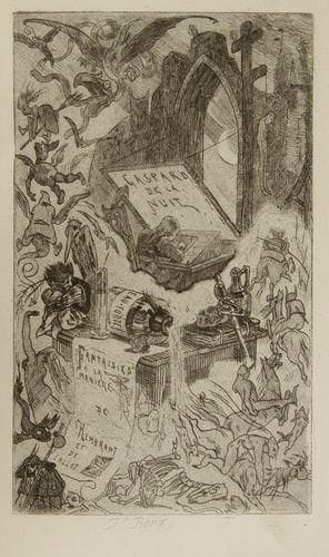 BERTRAND (Aloysius)
Gaspard de la nuit, fantaisies à la manière de rembrandt et de Callot. Nouvelle édition, augmentée de pièces en prose et en vers, tirées des journaux et recueils littéraires du temps, et précédée d'une introduction, par Charles asselineau. Bruxelles: Librairie européenne de C. Muquardt (et Poulet-Malassis); Paris: René Pincebourde, 1868. - in-8, frontispice, (4 ff.), XXViii, 276 pp., (2 ff.), couverture imprimée. Demi-maroquin rouge à coins, dos à nerfs, tête dorée, non rogné, couverture conservée (reliure de la fin du XIXe siècle). Oberlé, Auguste Poulet-Malassis, n° 840 et 841. Seconde édition du chef-d'oeuvre d'aloysius Bertrand, publiée par Charles asselineau. L'originale, très rare, parut en 1842 à Paris chez Labitte. L'édition fut tirée à 402 exemplaires, illustrés d'un frontispice de Félicien rOPS gravé à l'eau-forte et imprimé sur chine. Cet ouvrage devait être le premier de la "Collection de curiosités romantiques" publiée sous la direction de Charles asselineau, mais ce fut le seul volume paru. On trouve au dernier feuillet ainsi qu'en quatrième de couverture une présentation de cette collection. Un des 350 exemplaires in-8 sur papier de Hollande, dit ruche, complet des deux feuillets non chiffrés après le titre, le premier portant la marque rouge au coq de Malassis et le second possédant la justification. Les 50 exemplaires grands in-8 se reconnaissent grâce à l'adresse inversée, "Paris" avant "Bruxelles". Le frontispice fait partie du tirage comportant la signature de l'artiste. De la bibliothèque de la Maison de Condé-sur-Escaut, avec cachet humide répété. Bon exemplaire