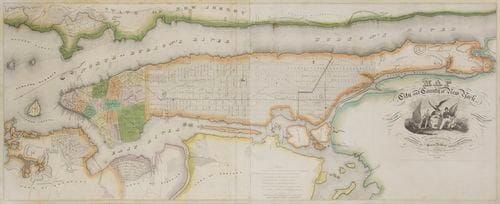 [CARTE - NEW-YORK] BURR (david H.). Map of the City and Country of New York with the adjacent country. New-York: Simeon de Witt, 1832. - 126,5 x 51,3 cm, encadrée. Très belle et rare carte en couleurs de New York composée par David H. Burr (1803-1875) et publiée par le géographe et chef arpenteur de l'état de New York Simeon de Witt (1756-1834). La première édition parut en 1829. il s'agit sans aucun doute de la plus impressionnante carte de la ville de New York commercialisée à l'époque. Divisée en deux parties collées ensemble, elle couvre l'île de Manhattan, une partie du New Jersey, les villes de Brooklin, de Bushwick et de Newtown, ainsi que l'Hudson river et l'East river. Elle représente la ville alors qu'elle commençait son expansion, avec le remodelage de Manhattan imaginé en 1811 par le Comissioners Plan en une série de 16 grandes avenues traversées par 155 rues. Jolie vignette figurant un indien, un colon et un Pygargue à tête blanche, aigle emblématique des états Unis, posé sur un globe. Exemplaire parfaitement conservé. il manque, comme c'est pratiquement toujours le cas, la légende située sous la carte