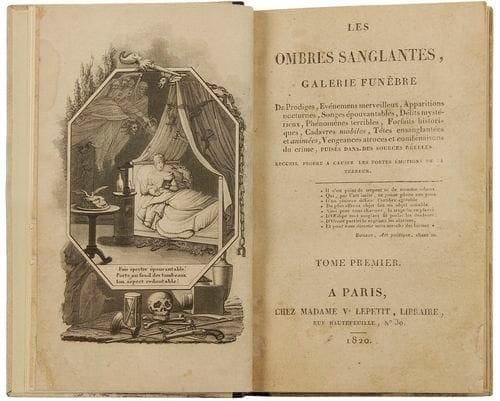 [CUISIN (J.-P.-R.)]
Les Ombres sanglantes, galerie funèbre De Prodiges, Evénemens merveilleux, Apparitions nocturnes, Songes épouvantables, Délits mystérieux, Phénomènes terribles, Forfaits historiques, Cadavres mobiles, Têtes ensanglantées et animées, Vengeances atroces et combinaisons du crime, puisés dans des sources réelles. Recueil propre à causer les fortes émotions de la terreur. Paris: Madame Ve Lepetit, 1820. - 2 volumes in-12, frontispice, (2 ff.), 261 pp.; frontispice, (2 ff.), 255 pp. Demi-chagrin noir, plats recouverts de lithographies en noir du XIXe siècle représentant des scènes de diableries humoristiques, dos lisse orné de têtes de diable (reliure moderne). Édition originale rare de ce recueil d'histoires fantastiques dans lequel l'auteur voulut réunir "tout ce que la magie du prodige, tout ce que les prestiges du merveilleux peuvent enfanter de singulier et d'extraordinaire aux yeux des hommes" (page 2). Cuisin indique à la fin de sa préface, que "si nous parvenons, dans ces sanglantes narrations, à clouer en quelque sorte une femme sur sa chaise, au point qu'elle n'ose plus tourner la tête d'aucun côté sans craindre de rencontrer une griffe infernale, ou de voir un oeil enflammé s'avançant vers elle pour la réduire en poudre (...) alors, dans notre juste désespoir, nous briserons, de dépit, notre plume, nos baguettes magiques, et nous renoncerons pour jamais à l'art de nos prestiges" (pages 24-25). L'édition est illustrée de 2 très beaux frontispices non signés gravés à l'aquatinte. Bel exemplaire. Restauration à quelques feuillets, légères rousseurs et mouillures. On joint, du même: - Les Duels, suicides et amours du bois de Boulogne. Recueil historique, Contenant un grand nombre d'événemens tragiques, rendezvous galans; intrigues piquantes, comiques et romanesques; mystères et secrets étonnans, soit en fait de galanterie, soit en complots criminels, dont ce Bois fameux n'est que trop souvent le théâtre. Par un rôdeur caché dans un arbre creux de ce bois. Paris: Le