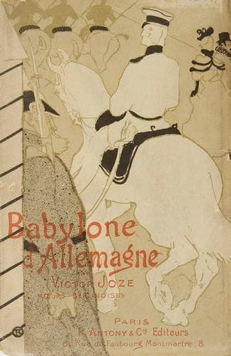 [TOULOUSE-LAUTREC (Henri de)] JOZE (Joze)
Babylone d'Allemagne. Types de Berlin. Paris: P. Antony et Cie, 1894. - In-18, 205 pp., (1 f.), 16 pp. de catalogue, (1 f.), couverture illustrée. Broché, non rogné. Édition originale très rare dont il n'y a pas eu de tirages sur grands papiers. Elle comporte une très belle couverture illustrée par Henri de TOULOUSE-LAUTREC et 18 compositions en noir de Ferdinand BAC et Lubin de Beauvais. Exemplaire très bien conservé de ce fragile ouvrage. Petites déchirures sur le bord de la couverture, sans gravité, et léger manque en bas du dos. Traces de scotch sur les gardes
