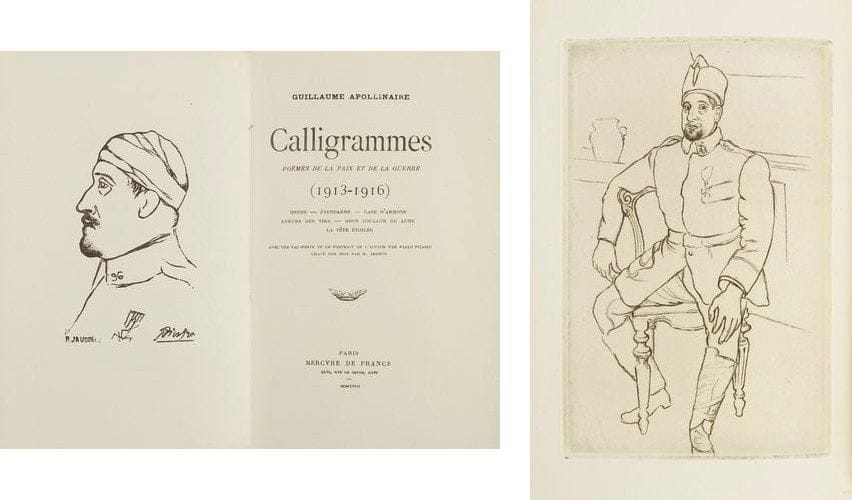 APOLLINAIRE (Guillaume)
Calligrammes. Poèmes de la paix et de la guerre (1913-1916). Ondes - étendards - Case d'armons - Lueurs des tirs - Obus couleur de lune - La tête étoilée. Paris: Mercure de France, 1918. - in-8, portrait, 205 pp., (1 f. blanc), couverture imprimée. Broché, non rogné, étui-boîte de Honnelaître. édition originale du second grand recueil poétique d'apollinaire, contenant ses plus beaux poèmes de guerre, illustrée d'un portrait de l'auteur gravé sur bois par Jaudon d'après Picasso. UN DES 33 EXEMPLAIRES NUMÉROTÉS SUR VÉLIN DE CUVE À LA FORME DES PAPETERIES D'ARCHES (n° 27), seul grand papier avec 4 japon et 3 chine, ENRICHIS D'UN SECOND PORTRAIT DE L'AUTEUR PAR PICASSO GRAVÉ À L'EAUFORTE PAR JAUDON. Exemplaire parfaitement conservé